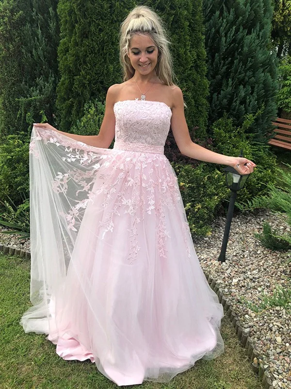 Savings Alert Strapless Pink Tulle Lace Long Prom Dresses, Pink Lace Formal Graduation Evening Dresses SP2299