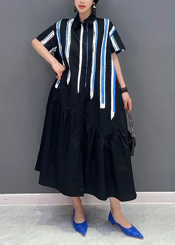 Limited Availability Black Patchwork Cotton Long Dress Asymmetrical Wrinkled Summer