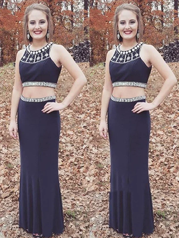 Mega Sale Round Neck Two Pieces Beaded Navy Blue Long Prom Dresses, Navy Blue Evening Dresses Mega Sale Round Neck Two Pieces Beaded Navy Blue Long Prom Dresses, Navy Blue Evening Dresses