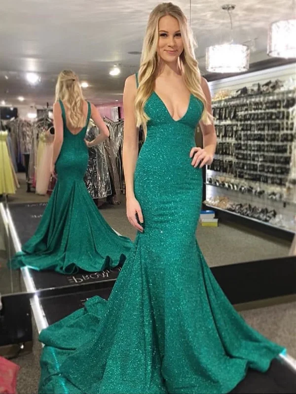 Markdowns Shiny Mermaid V Neck Backless Green Prom Dresses with Train, Green Mermaid Formal Dresses, Evening Dresses Markdowns Shiny Mermaid V Neck Backless Green Prom Dresses with Train, Green Mermaid Formal Dresses, Evening Dresses