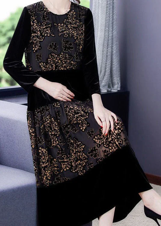 elegant maxi dresselegant maxi dressBeautiful Black Embroideried Tulle Patchwork Silk Velour Dresses Spring