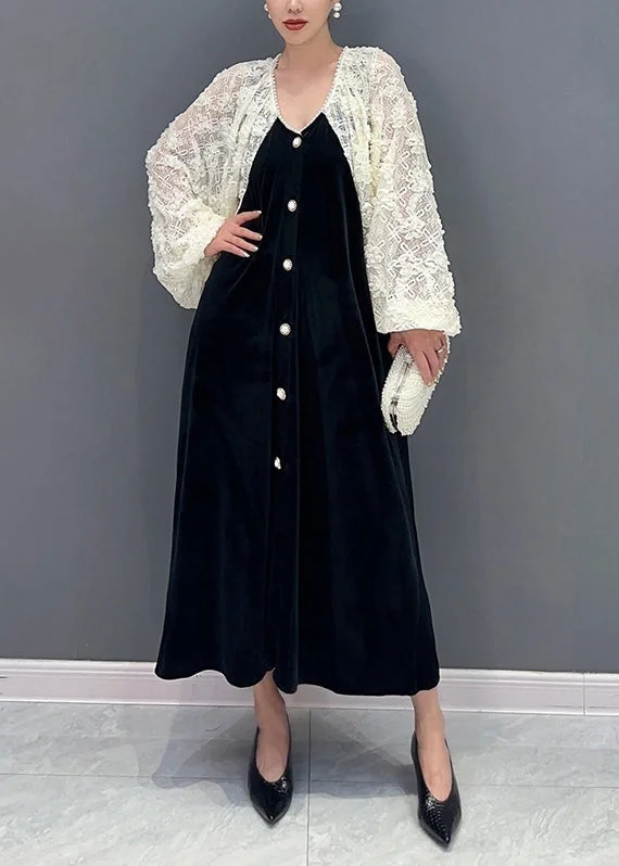 Deal Explosion Italian Black V Neck Lace Patchwork Velour Long Dress Fall