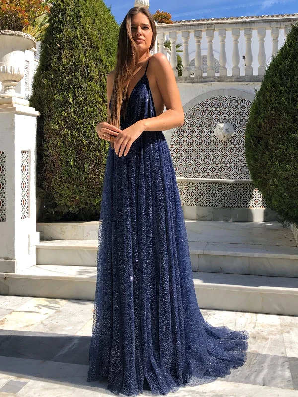 Price Cut Elegant V Neck Backless Navy Blue Long Prom Dresses, Sparkly Navy Blue Formal Evening Dresses Price Cut Elegant V Neck Backless Navy Blue Long Prom Dresses, Sparkly Navy Blue Formal Evening Dresses