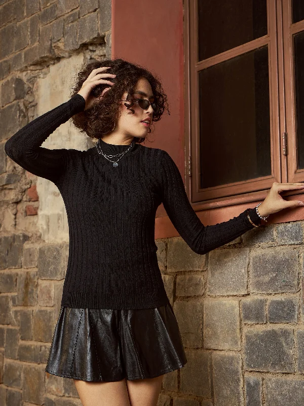 Price Drop Women Black Rib Full Sleeves High Neck Sweater