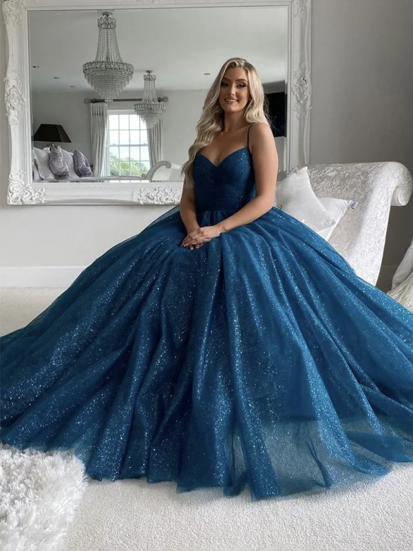 Price Drop Alert Shiny Spaghetti Straps V Neck Blue Long Prom Dresses, V Neck Blue Formal Evening Dresses, Blue Ball Gown SP2105