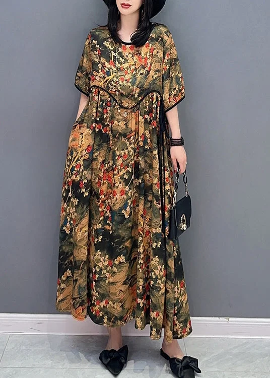 Seasonal Sale Handmade O-Neck Print Patchwork Long Dresses Short Sleeve