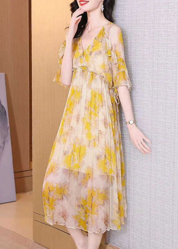 The Best Prices Unique Yellow Ruffled Print Chiffon Beach Dresses Summer