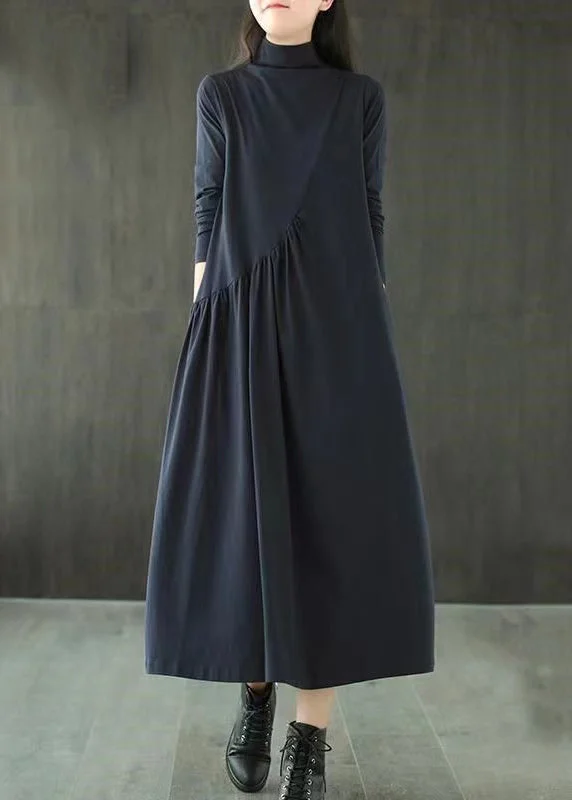 Savings Event Navy Pockets Patchwork Cotton Long Dress Hign Neck Wrinkled Fall
