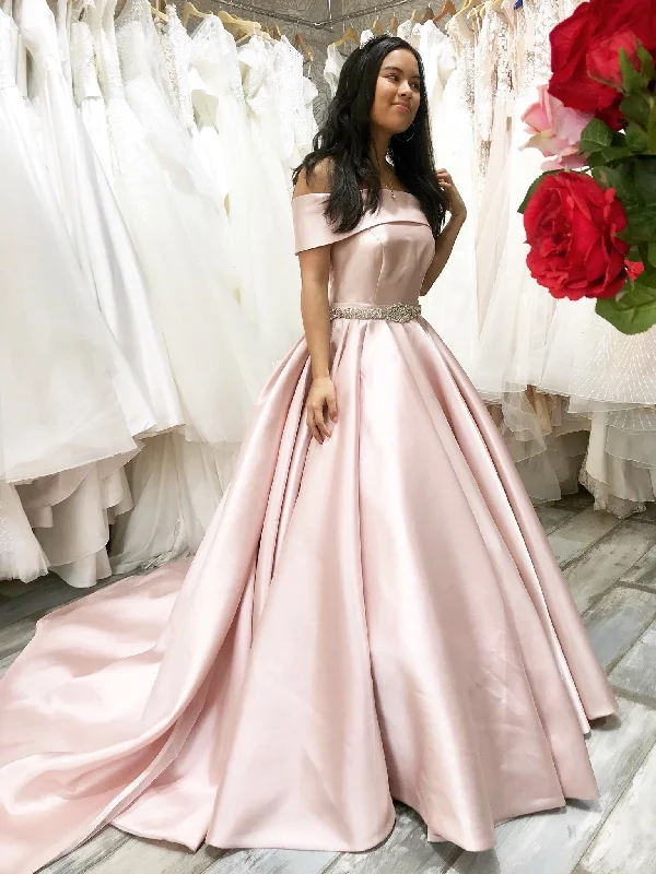 Final Sale Off the Shoulder Pink Satin Long Prom Dresses with Belt, Off Shoulder Pink Formal Graduation Evening Dresses SP2142 Final Sale Off the Shoulder Pink Satin Long Prom Dresses with Belt, Off Shoulder Pink Formal Graduation Evening Dresses SP2142