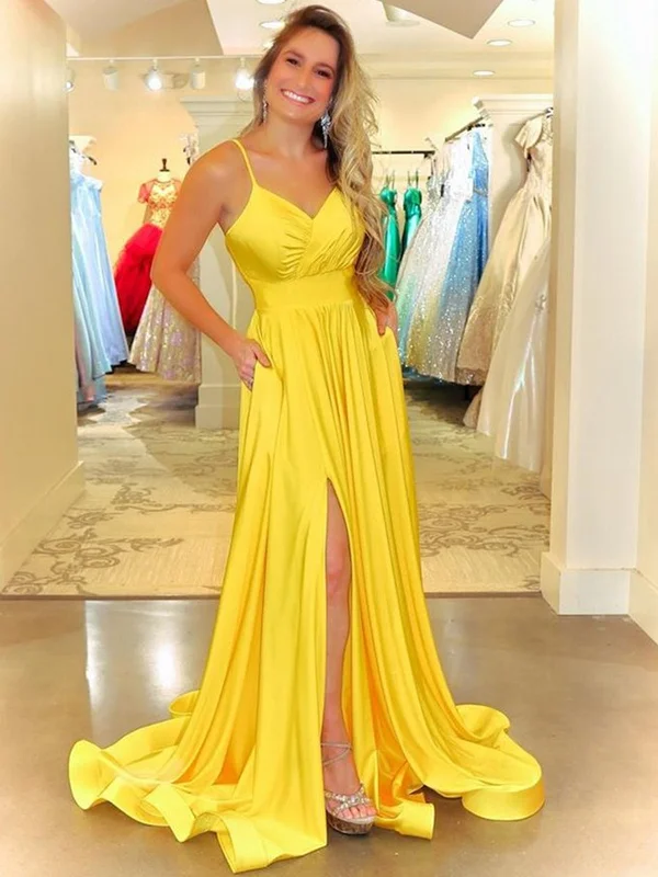 Big Discounts Simple V Neck Backless Yellow Satin Long Prom Dresses with Slit, Long Yellow Formal Evening Dresses Big Discounts Simple V Neck Backless Yellow Satin Long Prom Dresses with Slit, Long Yellow Formal Evening Dresses