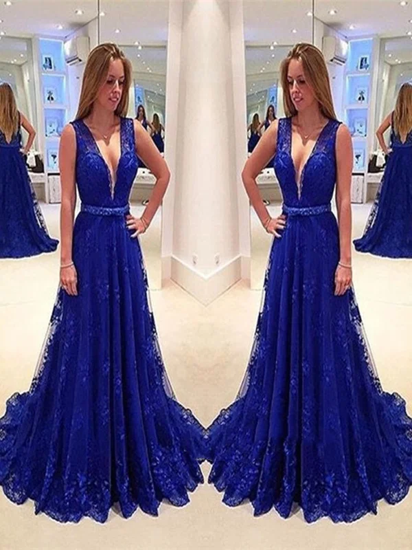 Season Finale Sale A Line V Neck Sweep Train Royal Blue Lace Prom Dress, Royal Blue Lace Formal Dress