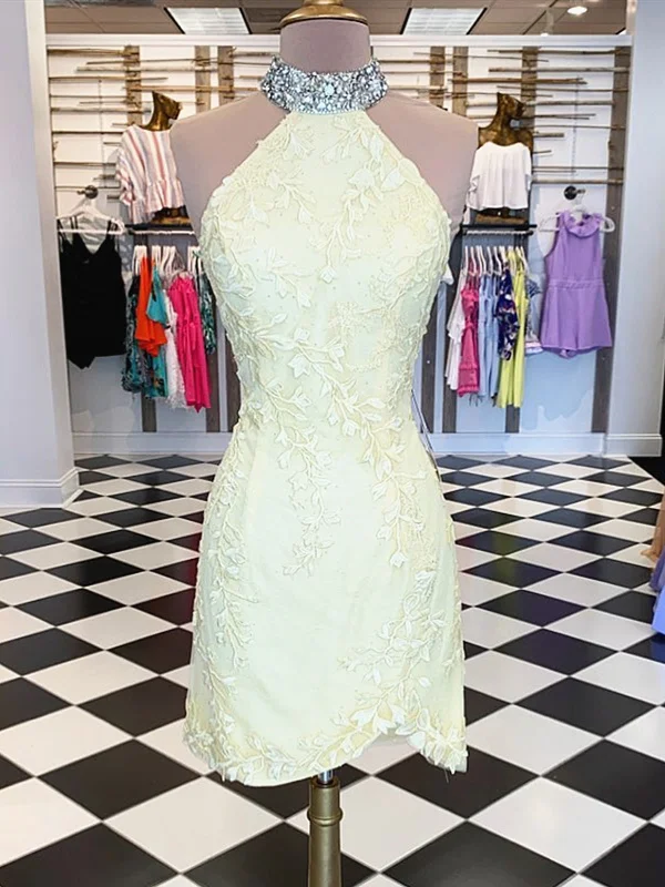 Bargain Blast Short Backless Yellow Lace Prom Dresses, Short Yellow Backless Lace Formal Homecoming Dresses