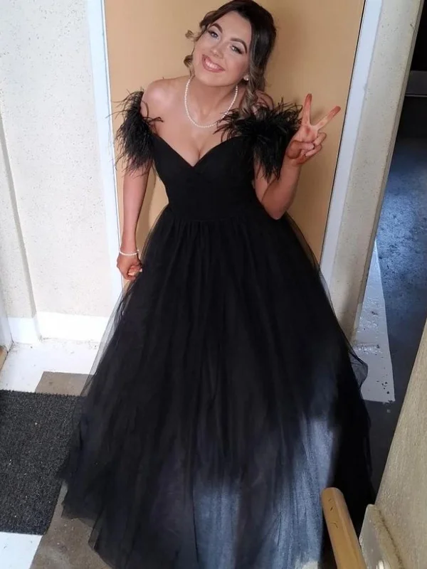 sophisticated dresssophisticated dressA Line V Neck Black Tulle Long Prom Dresses with Feathers, Long Black Formal Graduation Evening Dresses SP3029