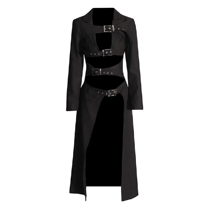 Exclusive Access Punk Lapel Buckled Belt Cutout Strong Shoulder High Split Long Tailored Coat