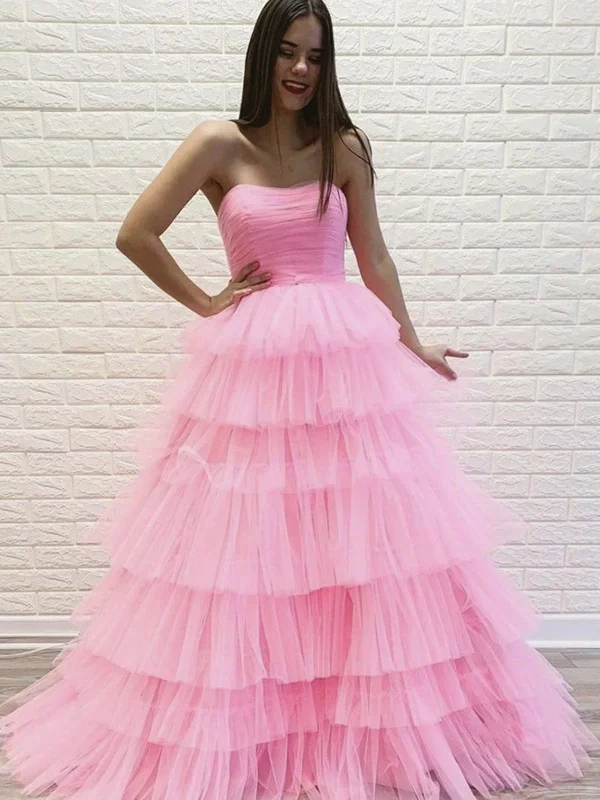 Special Price Gorgeous Strapless Layered Pink Tulle Long Prom Dresses, Pink Tulle Formal Evening Dresses SP2384