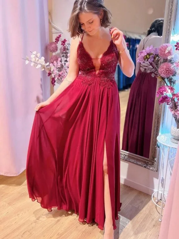 bohemian dressbohemian dressBackless A Line V Neck Burgundy Lace Long Prom Dresses with Side Split, Burgundy Lace Formal Dresses, Wine Red Evening Dresses SP2938