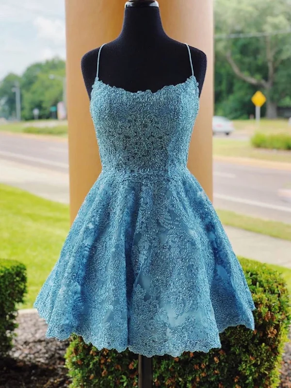 fitted cocktail dressfitted cocktail dressA Line Backless Lace Blue Short Prom Dresses Homecoming Dresses, Backless Blue Lace Formal Graduation Evening Dresses