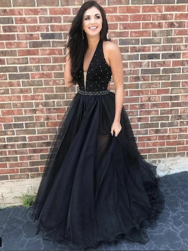 Exclusive Offers A Line V Neck Beading Black Tulle Long Prom Dresses, V Neck Black Formal Dresses, Black Evening Dresses