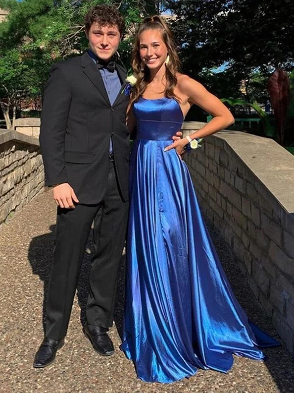 TIME-Limited Offer A Line Backless Blue Satin Long Prom Dresses with Straps, Backless Blue Formal Graduation Evening Dresses TIME-Limited Offer A Line Backless Blue Satin Long Prom Dresses with Straps, Backless Blue Formal Graduation Evening Dresses