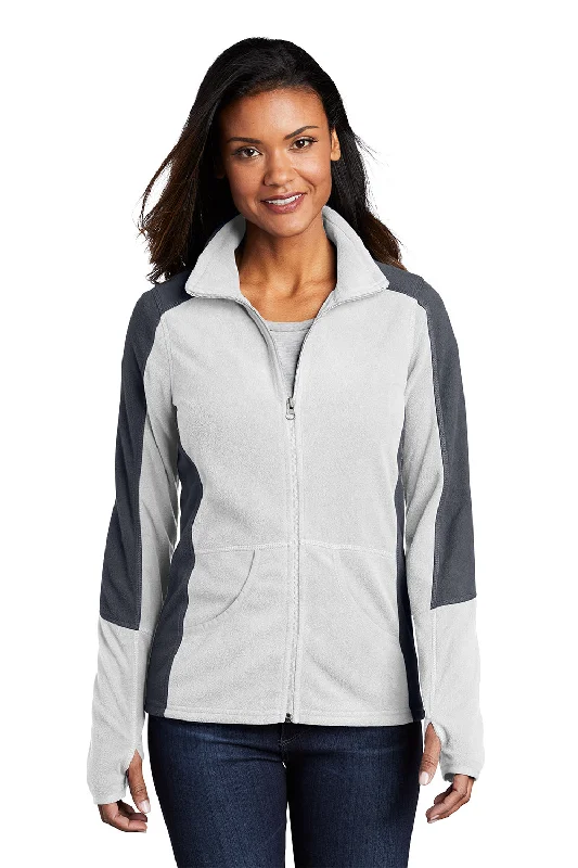 Weekend Deal Port Authority Womens Full Zip Microfleece Jacket - White/Battleship Grey - Closeout