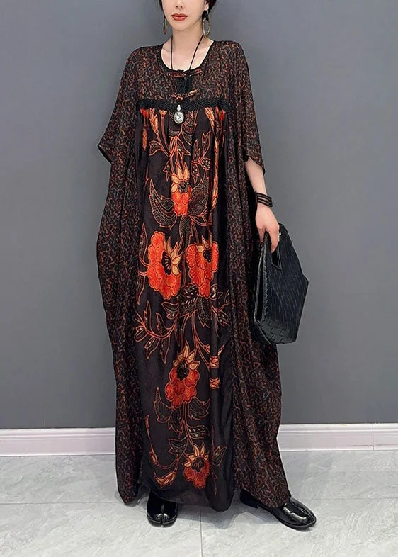 Super Sale Italian Chocolate Oversized Patchwork Print Silk Maxi Dresses Summer