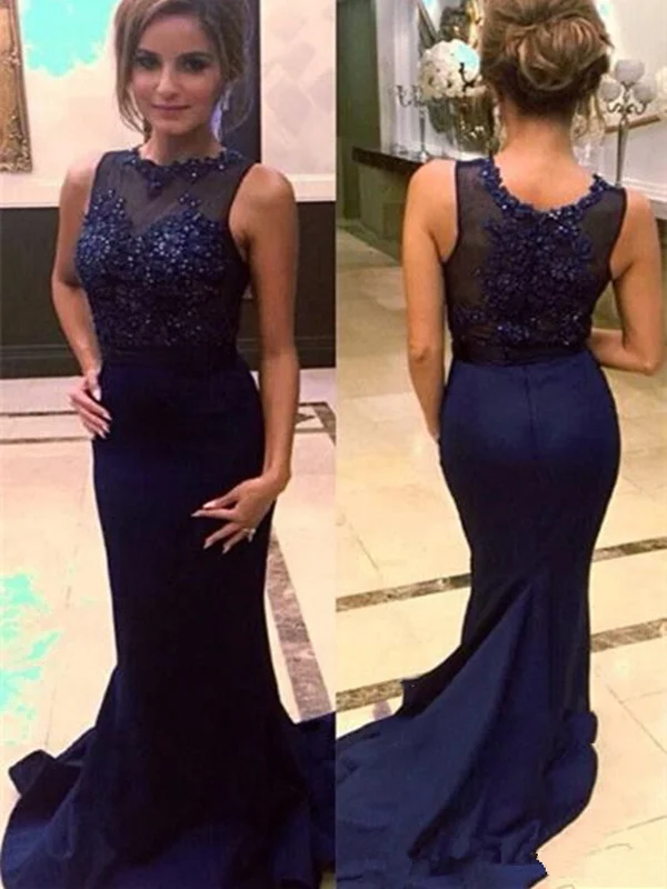 Today's Special Custom Made Round Neck Mermaid Sweep Train Navy Blue Lace Prom Dresses, Navy Blue Lace Formal Dresses Today's Special Custom Made Round Neck Mermaid Sweep Train Navy Blue Lace Prom Dresses, Navy Blue Lace Formal Dresses
