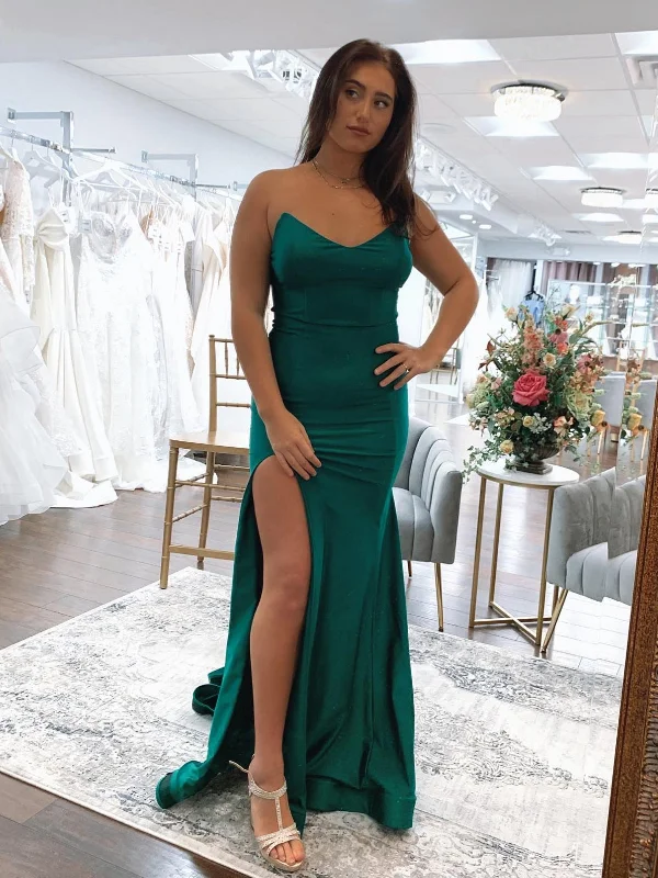 v-neck dressv-neck dressStrapless Mermaid Green Satin Long Prom Dresses, Mermaid Green Formal Dresses, Green Evening Dresses SP2637