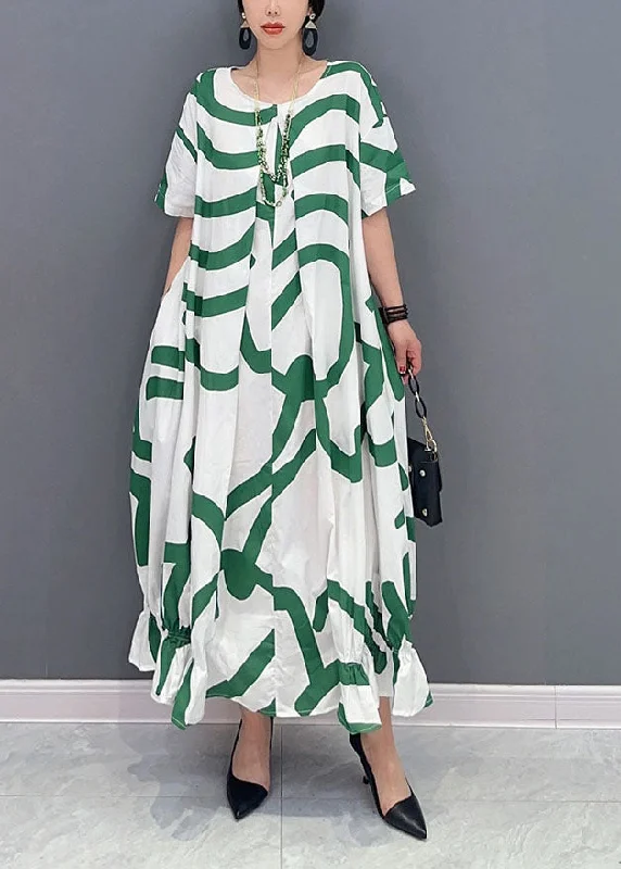 Crazy Savings Fashion Green Striped Oversized Wrinkled Cotton Maxi Dresses Summer