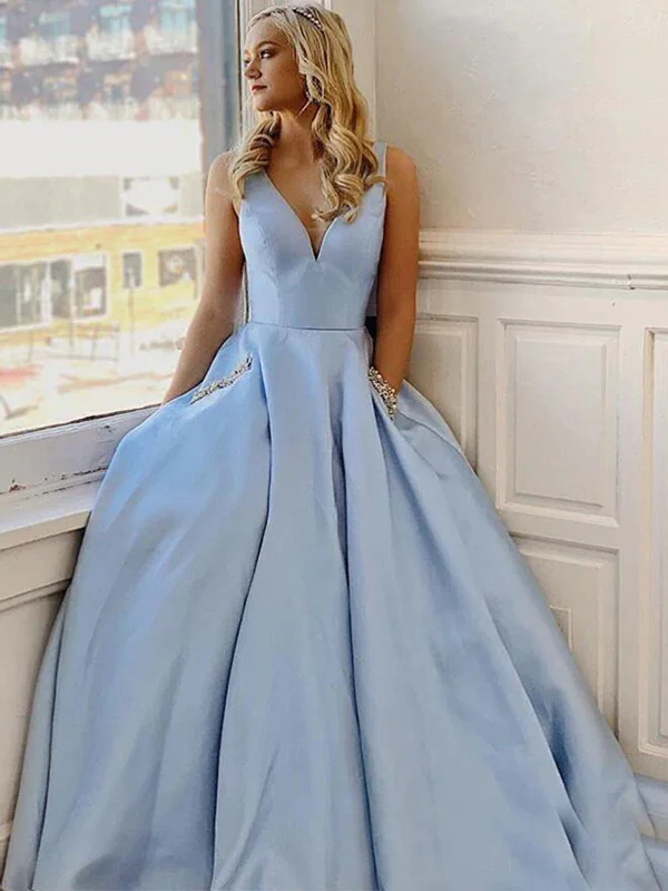 The Best Prices Simple V Neck Light Blue Satin Long Prom Dresses, V Neck Light Blue Formal Graduation Evening Dresses SP2301