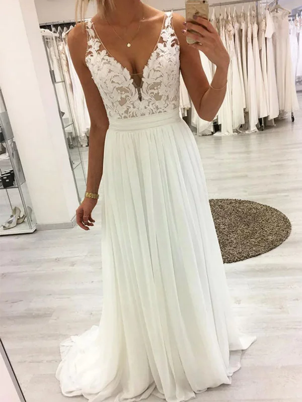 trendy dresstrendy dressV Neck Chiffon White Lace Long Prom Dresses, White Lace Formal Dresses, White Evening Dresses SP2503