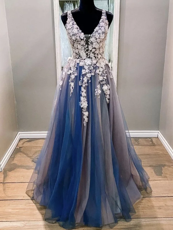 Holiday Sale A Line V Neck Blue Lace Floral Long Prom Dresses, Blue Lace Formal Evening Dresses with Appliques Holiday Sale A Line V Neck Blue Lace Floral Long Prom Dresses, Blue Lace Formal Evening Dresses with Appliques