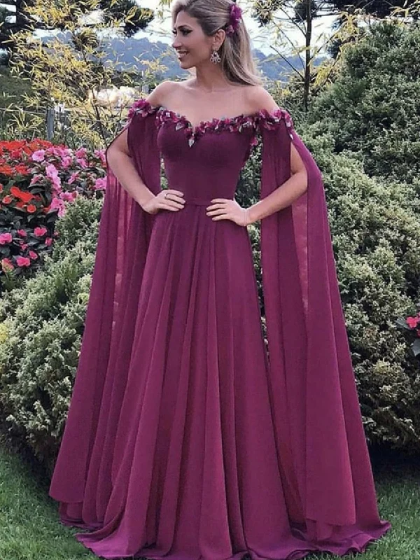 Final Sale Elegant Floral Purple Chiffon Long Prom Dresses, Purple Formal Graduation Evening Dresses