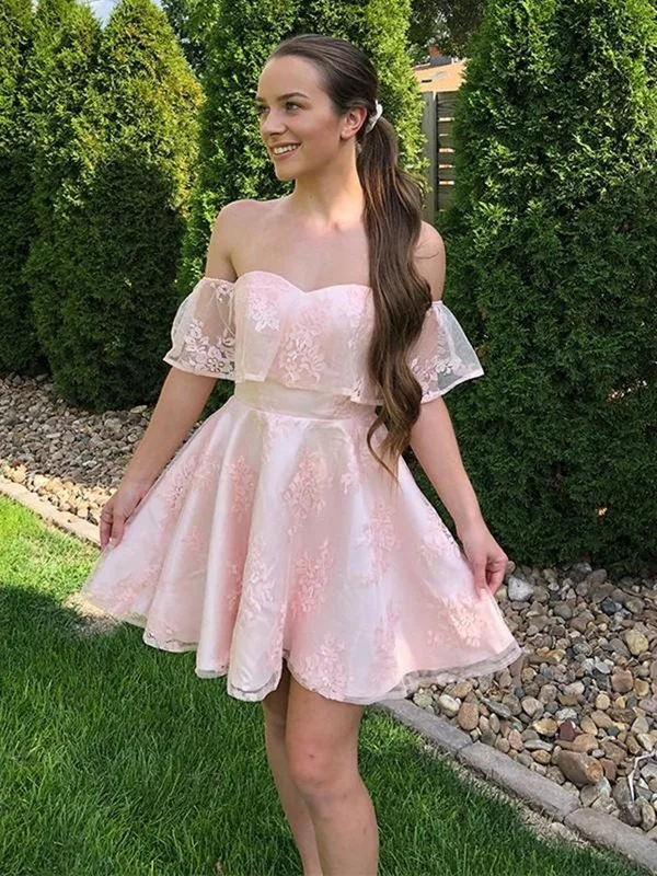 statement dressstatement dressOff the Shoulder Pink Lace Short Prom Dresses, Off Shoulder Pink Homecoming Dresses, Pink Lace Formal Evening Dresses SP2094