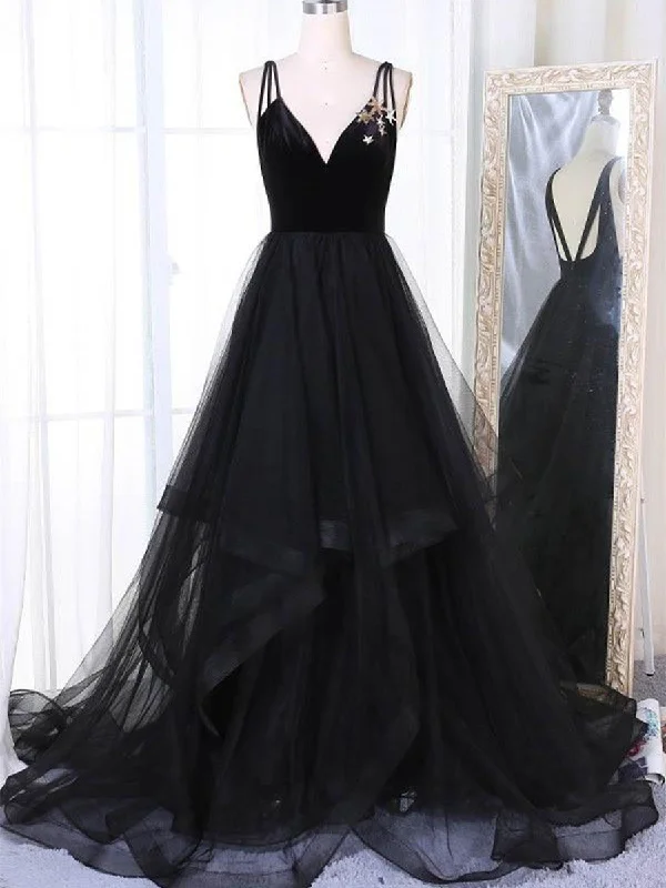 Don't Wait A Line V Neck Tulle Black Ball Gown, Black Prom Dresses, Black Formal Dresses