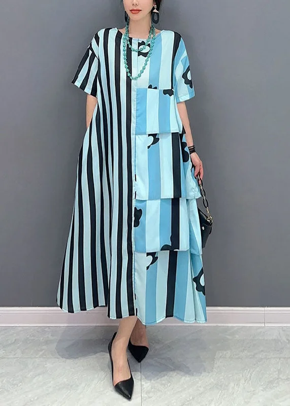 Deal Zone French Blue Oversized Patchwork Striped Cotton Dresses Short Sleeve