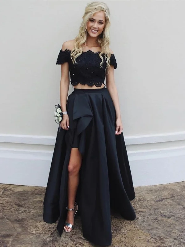 Price Slash Off Shoulder Two Pieces Lace Top Long Black Prom Dresses with Split, High-Low Two Pieces Lace Black Formal Dresses, Black Lace Evening Dresses