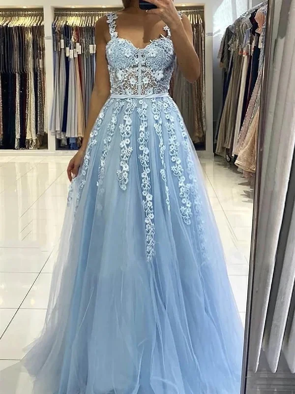 Deep Discounts Long Light Blue Lace Floral Prom Dresses with Straps, Light Blue Lace Formal Graduation Evening Dresses