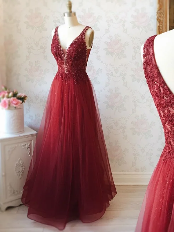 Year-End Sale A Line V Neck Lace Burgundy Tulle Long Prom Dresses, V Neck Burgundy Lace Formal Dresses, Burgundy Lace Evening Dresses