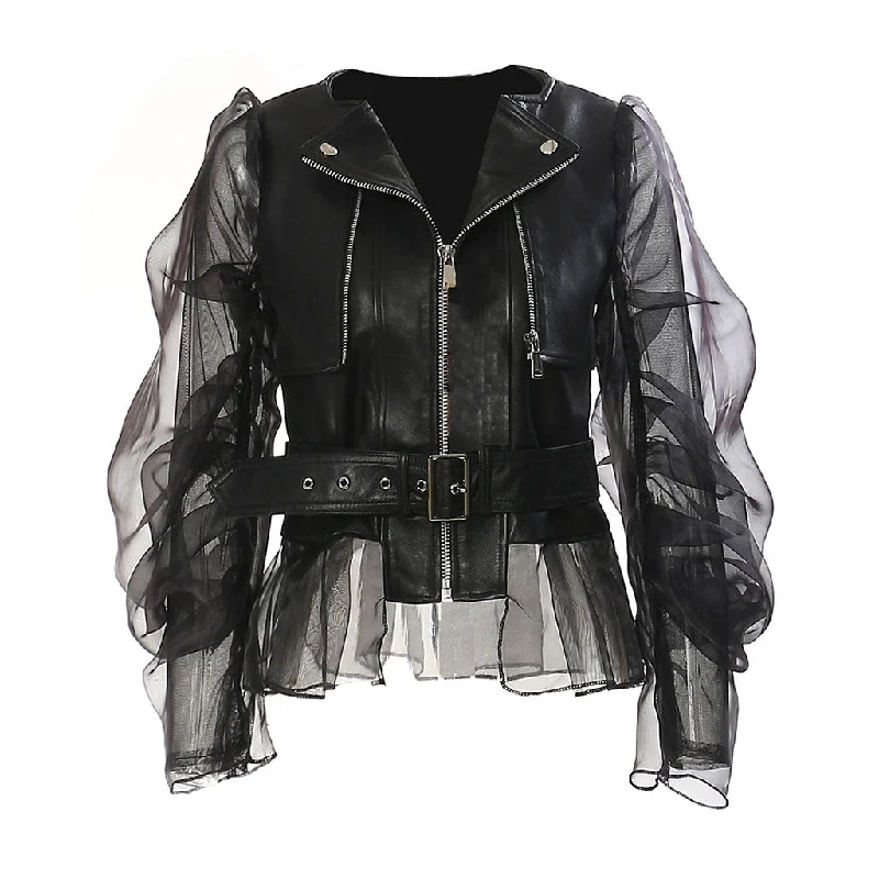 Can't Be Beat Unique Mesh Panel Puff Sleeve Zip Up Belted Vegan Leather Jacket