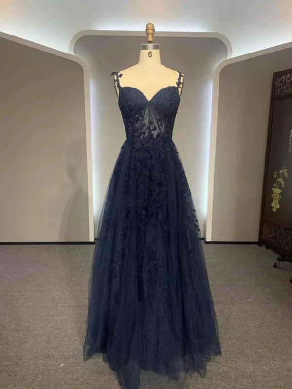 cocktail party dresscocktail party dressA Line V Neck Navy Blue Lace Long Prom Dresses, Navy Blue Lace Formal Dresses, Long Navy Blue Evening Dresses SP2908