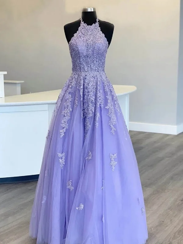Value Deals Halter Neck Long Purple Lace Prom Dresses, Purple Lace Formal Graduation Evening Dresses