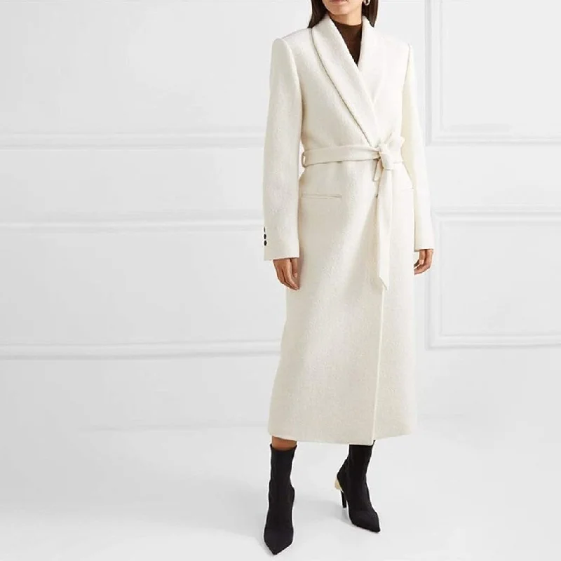Referral Discount Monochrome Shawl Collar Long Sleeve Single Breasted Belted Wool Blend Coat Referral Discount Monochrome Shawl Collar Long Sleeve Single Breasted Belted Wool Blend Coat