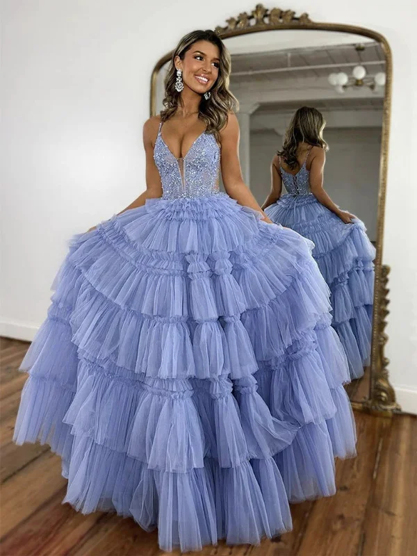 flowy dressflowy dressV Neck Layered Tulle Blue Lace Long Prom Dresses, Blue Lace Formal Dresses, Blue Evening Dresses SP2879