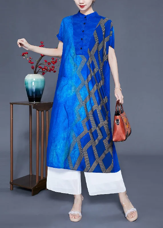 casual evening dresscasual evening dressFitted Blue Stand Collar Tie Dye Silk Maxi Dresses Summer