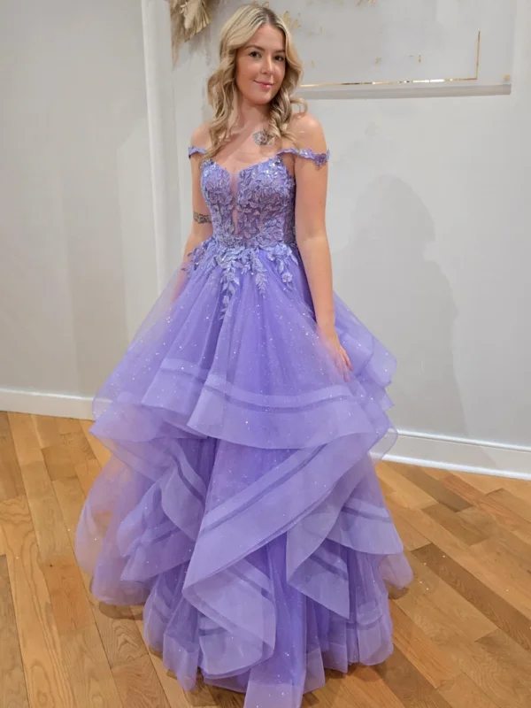 playful dressplayful dressOff Shoulder Fluffy Lilac Lace Long Prom Dresses, Lilac Lace Formal Dresses, Purple Evening Dresses SP3061