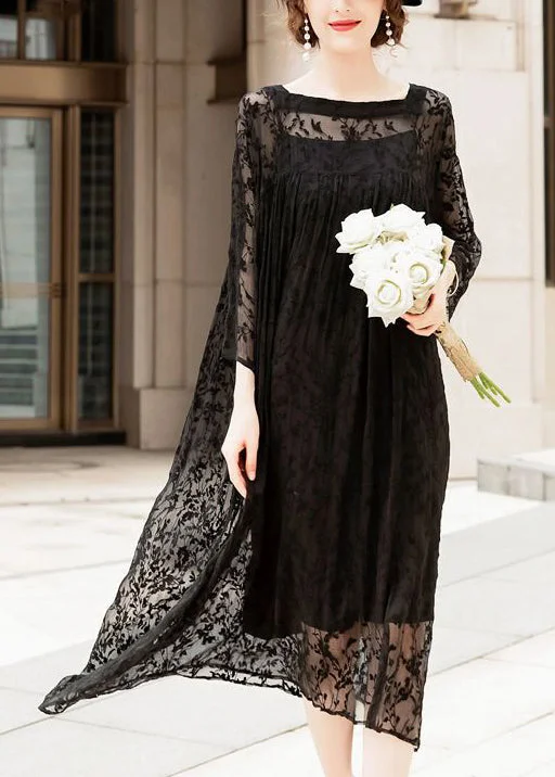 tiered dresstiered dressHandmade Black Square Collar Embroideried Silk A Line Dresses Summer