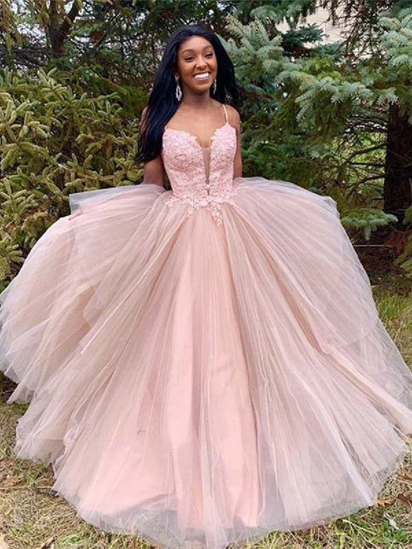 Flash Sale Princess V Neck Lace Appliques Pink Long Prom Dresses, V Neck Pink Lace Formal Dresses, Pink Lace Evening Dresses