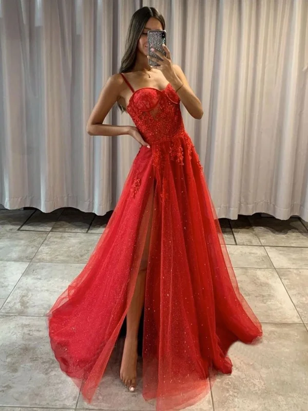 Instant Discount Shiny Sweetheart Neck Red Lace Long Prom Dresses, High Slit Red Lace Formal Dresses, Red Lace Evening Dresses SP2120 Instant Discount Shiny Sweetheart Neck Red Lace Long Prom Dresses, High Slit Red Lace Formal Dresses, Red Lace Evening Dresses SP2120