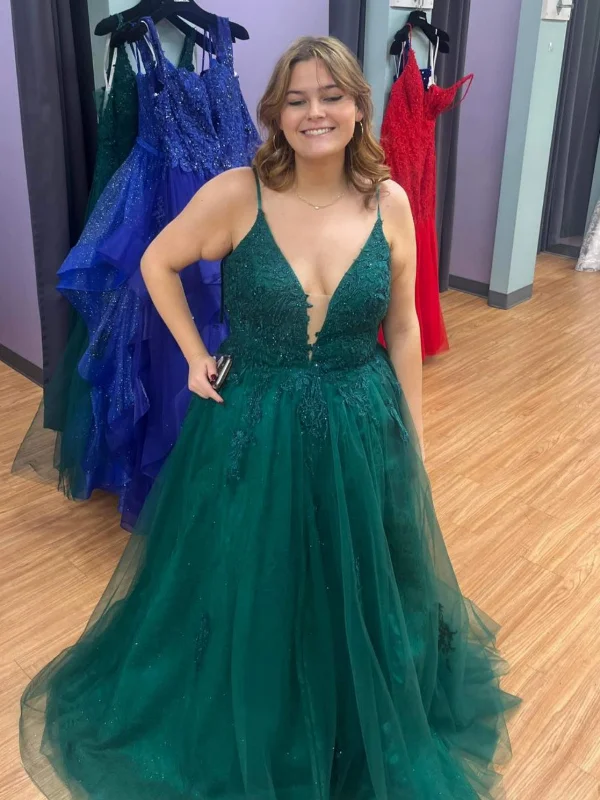 A-line dressA-line dressA Line V Neck Green Lace Long Prom Dresses, Green Lace Formal Graduation Evening Dresses SP3097