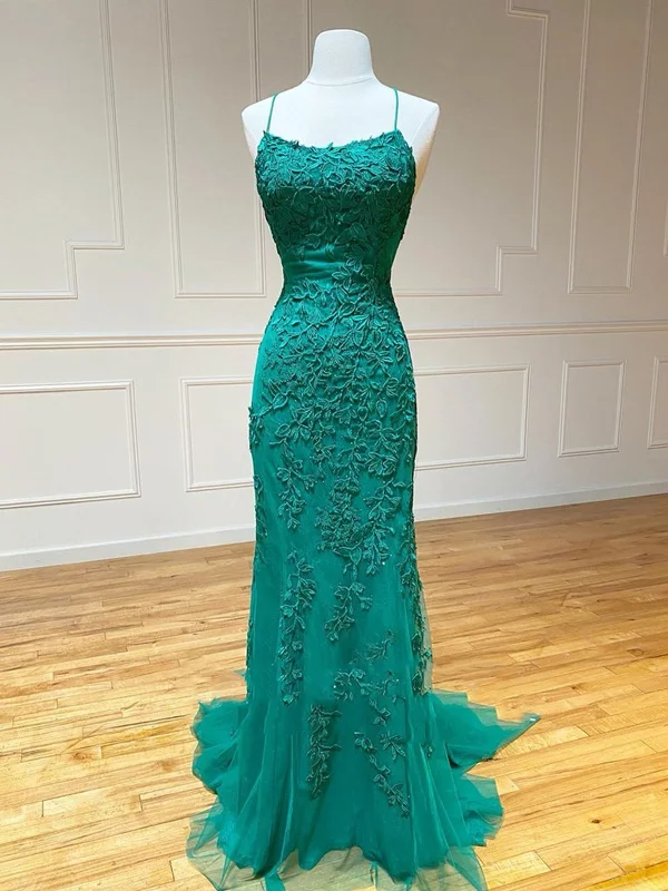 Year-End Clearance Mermaid Backless Green Lace Long Prom Dresses, Mermaid Green Formal Dresses, Green Lace Evening Dresses